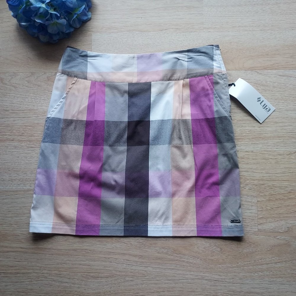 Lija Cubism Plaid Activewear Golf Skort Zip Multicolor Cotton Blend
